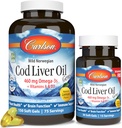 Carlson - Cod Liver Oil Gems, 460 mg Omega-3 + Vitaminas A &amp; D3, Wild-Caught Norwegian Arctic Cod Liver Oil, Sustentablemente Fuented Nordic Fish Oil Capsules, Lemon, 180 Softgels