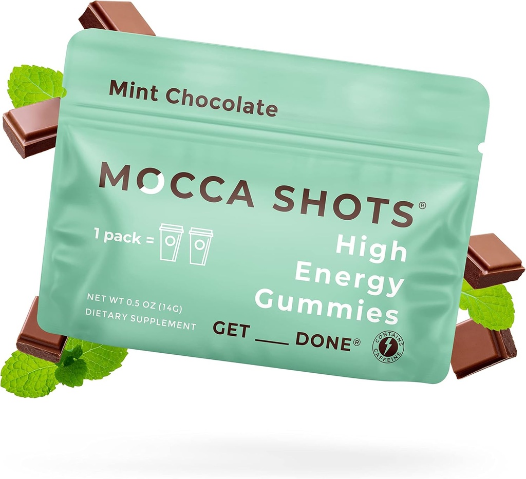 SGC Concentración más alta 100mg Caffeine per Gummy, 2 Gummies per Pack, 12-Pack Mocca Shots Mint Chocolate Planta-Basado energía instantánea con Ginkgo biloba, Theobromine.