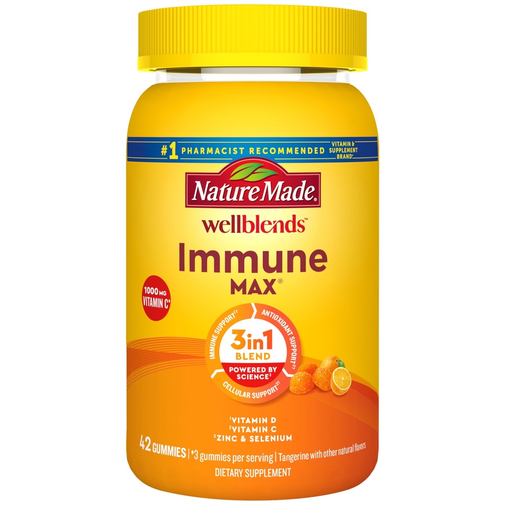 Nature Made Wellblends ImmuneMAX Gummies, Vitamina C 1000mg + Zinc, Selenium, & Vitamina D3 5000 UI, Immune Support Suplemento, 42 Gummies