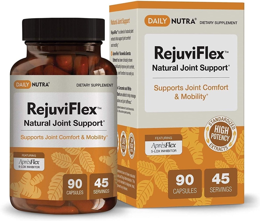 RejuviFlex - Suplemento Conjunto Natural w/ApresFlex Boswellia AKBA, Curcumina Turmérica, Piperina &amp; White Willow Bark - para la función de las manos, rodillas, salud conjunta general (90 cápsulas)