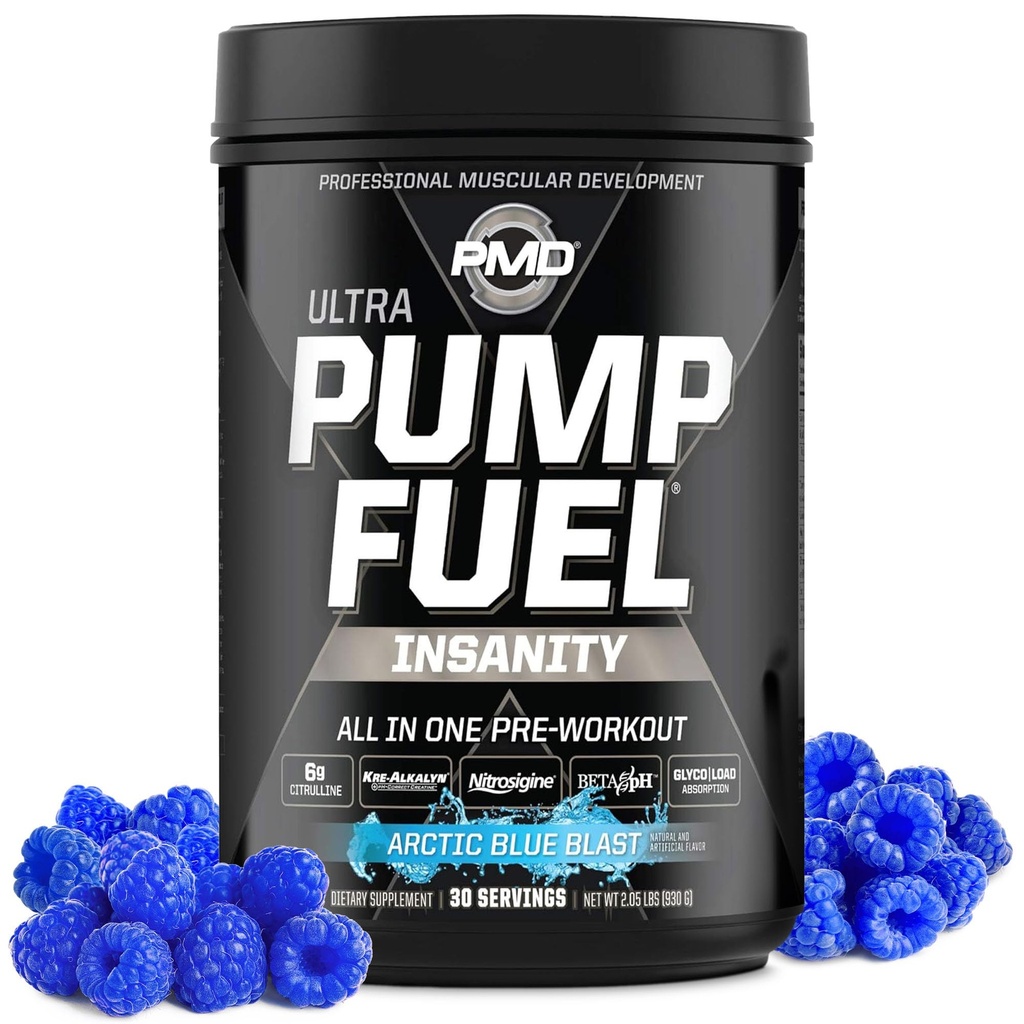PMD Sports Pump Fuel Ultra Insanity - Premium Pre Workout Powder &amp; Muscle Pump, Greater Focus, Endurance & Recovery, Premium Creatine, Arginine & Beta Alanine - Arctic Blue Blast (30 Servings)
