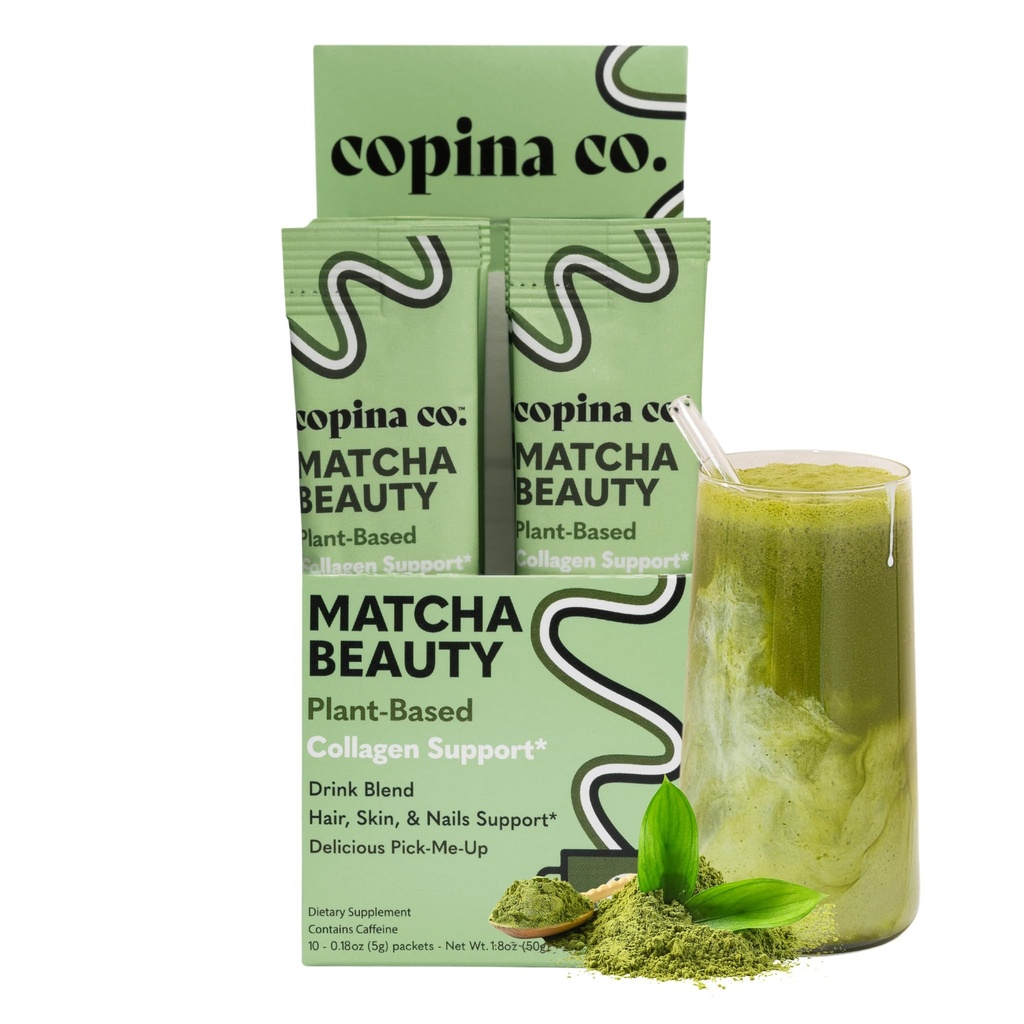 Copina Co. Matcha Beauty Vegan Collagen Booster Drink Blend: Plant Based Collagen Support Smoothie Drink Vegan Blend Variety Pack ← Matcha Flavor ← 10 Individual Stick Packs per Carton
