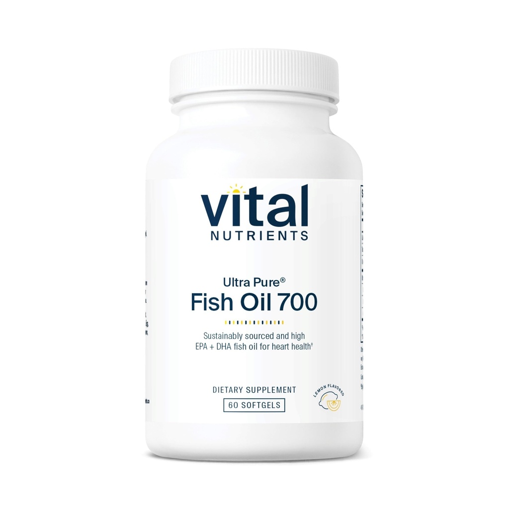 Vital Nutrients Ultra Pure® Fish Oil 700 ← Soporta Corazón, Cerebro y Salud Conjunta* Silencio Fuente sostenible High EPA & DHA Omega-3 Fatty Acid ← Lemon Flavor TEN Gluten, Dairy &amp; Soy Free TEN 60 Softgels