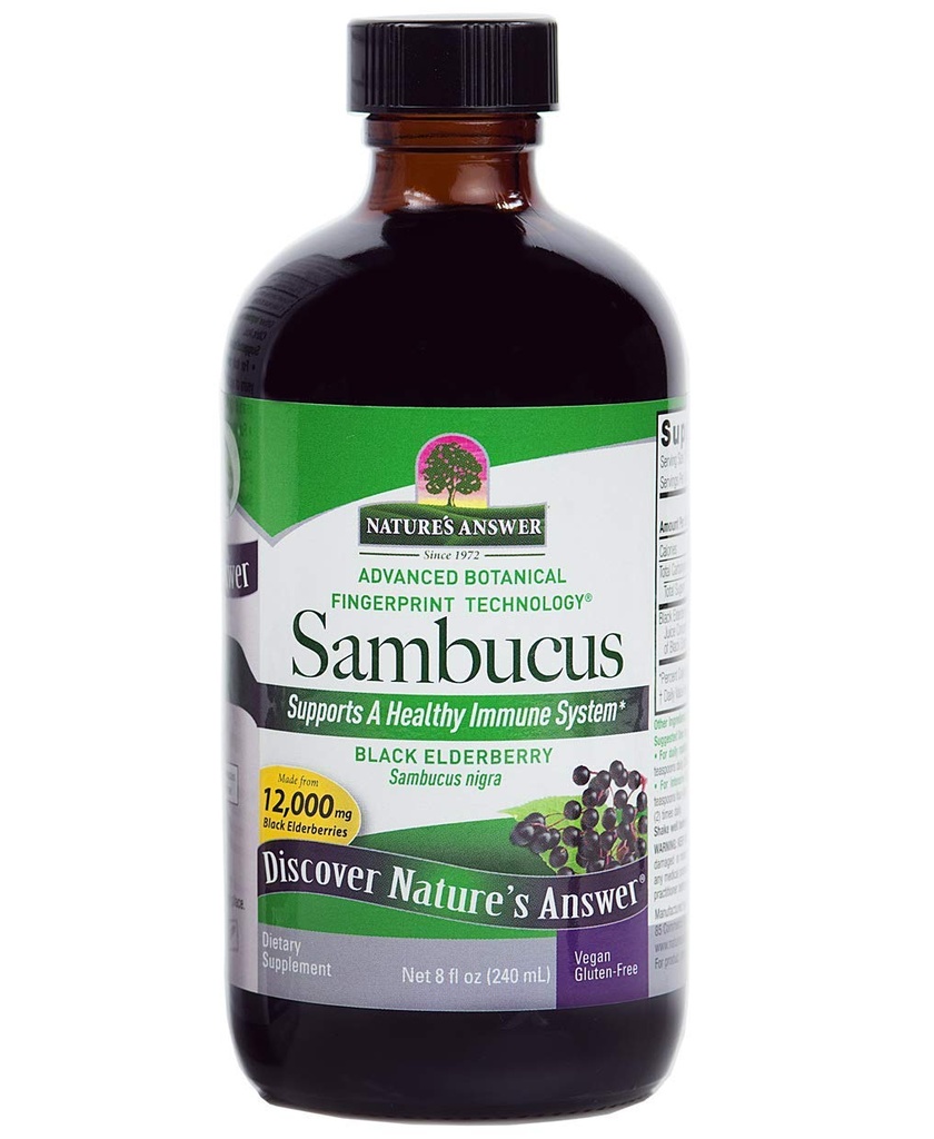 Respuesta de la naturaleza Sambucus Black Elder Berry Extract Syrup in Plastic Bottle Alcohol-Free 8-Fluid Ounces ← Daily Immune Support ← Empaquetado con antioxidantes ← Family Friendly ← Flue Season Defender