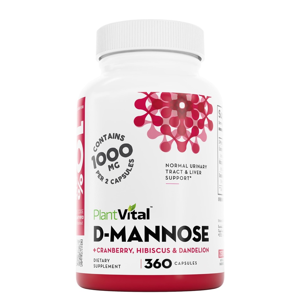 Plantvital D-Mannose Capsules 1000mg with Cranberry - Urinary Tract Support | High Potency D Mannose Supplements with Cranberry Powder, Hibiscus & Dandelion for Bladder and Kidney Health - 360 Capsules