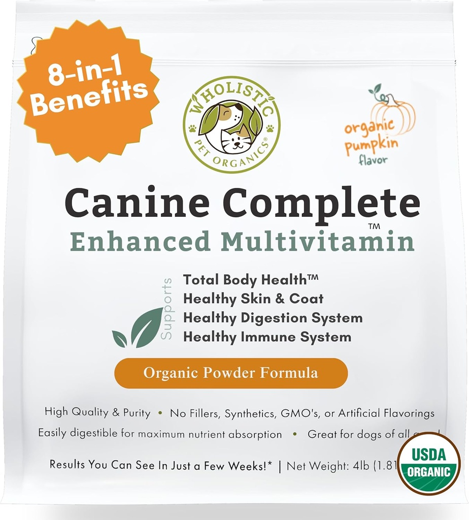 Wholistic Pet Organics Canine Complete - Pólvora multivitamínica de perros - 4 Lb - Vitaminas y suplementos diarios de perros para alimentos caseros - Sistema inmunológico, piel, carne & salud general - pequeña y gran semilla