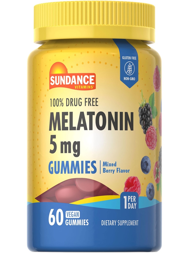 Sundance Melatonin Gummies 5mg tención 60 Conde ← Mixed Berry Flavor Silencio Vegan, No GMO &amp; Gluten Suplemento gratuito para adultos