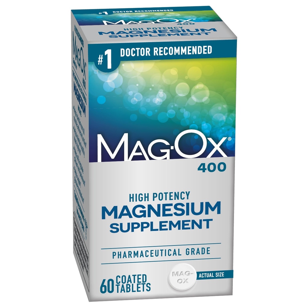 Mag-Ox 400 Suplemento Magnesio, Oxido de Magnesio de Grado Farmacéutico con 482 mg por dosis, 60 tabletas