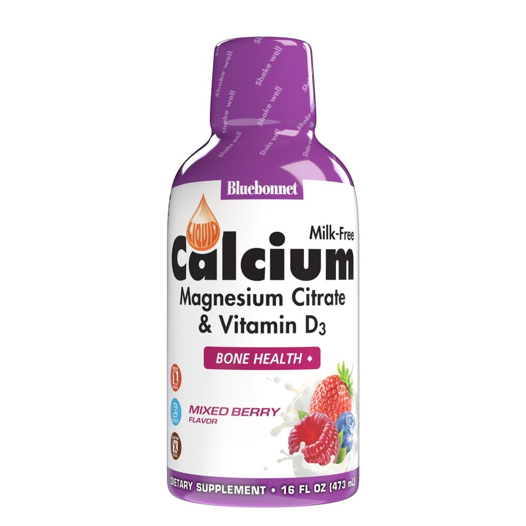 Bluebonnet Nutrition Citrate líquido de calcio, Magnesio, Vitamina D3, Bone Health, Gratuito de soja, libre de leche, Kosher, 16 fl oz, 32 Serviciones, sabor de baya mixta