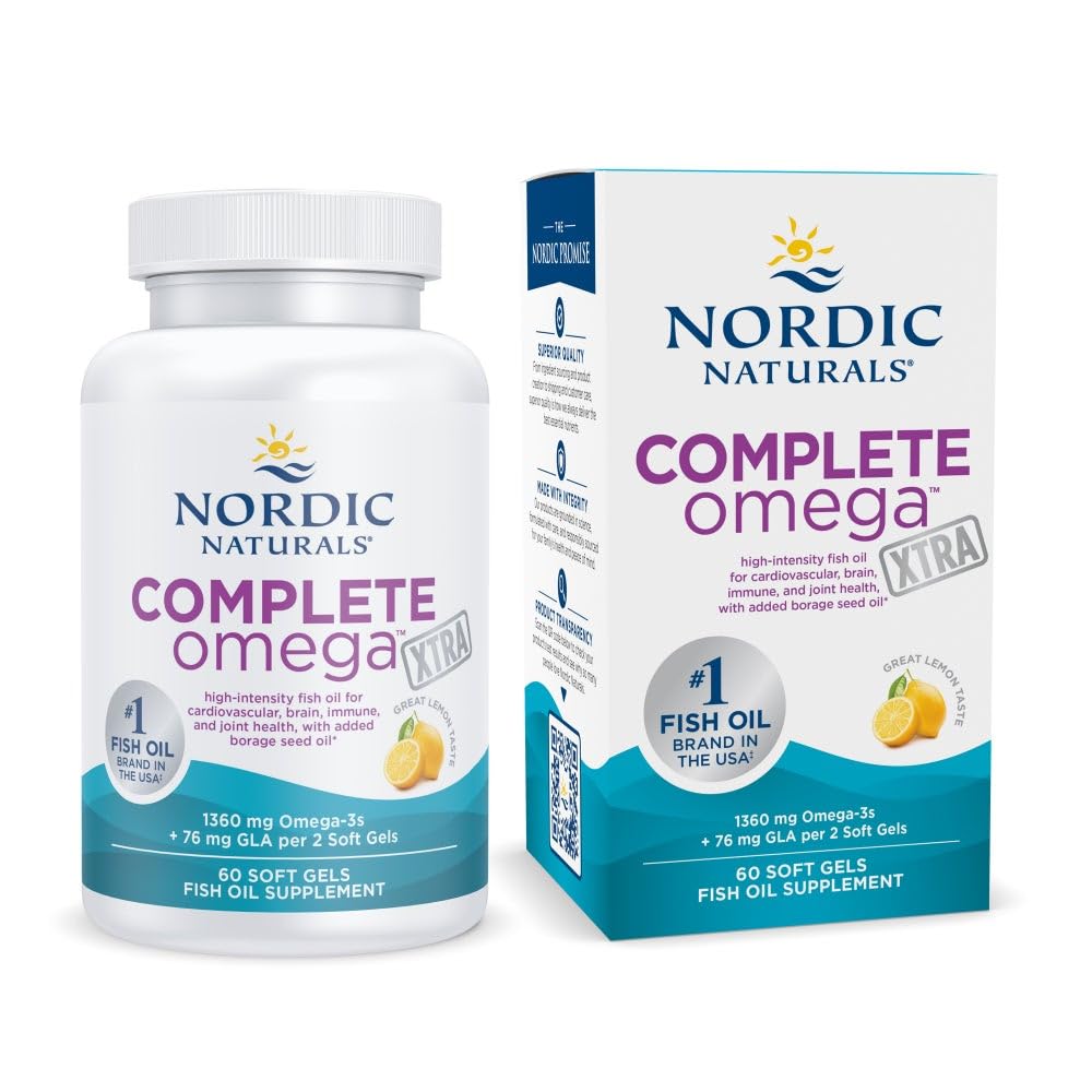 Naturales nórdicos completa Omega Xtra, Lemon - 60 geles blandos - 1360 mg Omega-3 + 76 mg GLA - Esquí sano - Cognición - No GMO - 30 Actuaciones