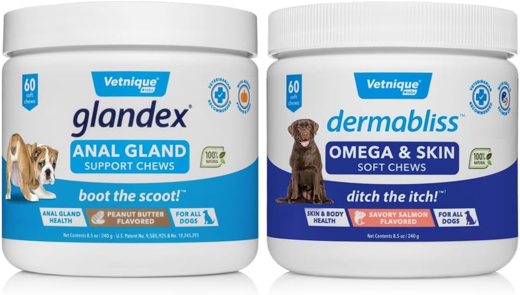 VETNIQUE Dermabliss Omega & Skin Supplement Chews for Dogs (60ct) > Glandex Anal Gland Support Mantequillas suaves para perros (60ct) Bundle