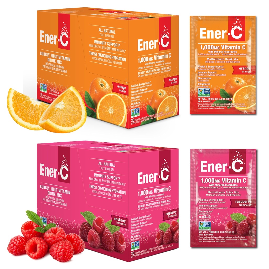 Ener-C Orange &amp; Raspberry Multivitamin Drink Mix Powder Vitamin C 1000mg &amp; Electrolytes with Real Fruit Juice Natural Energy &amp; Immune Support for Women &amp; Men - Non-GMO Vegan & Gluten Free - 60 Count