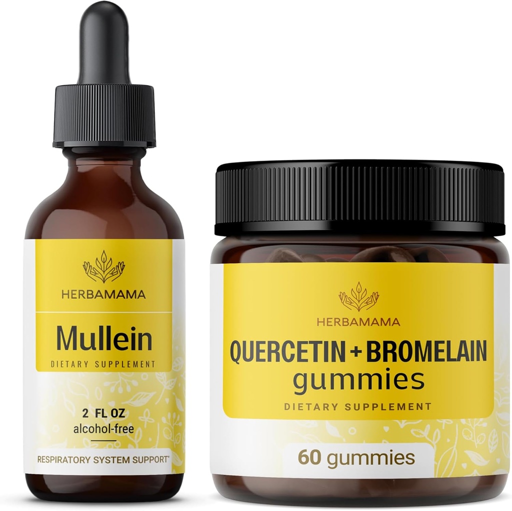 HerBAMAMA Mullein Leaf Extract and Quercetin Gummies Kit - Bundle of Mullein Leaf Drops 2 fl oz y 800 mg Quercetin with Bromelain Gummies - Vegan, Non-GMO, Alcohol-Free - 2 Pack