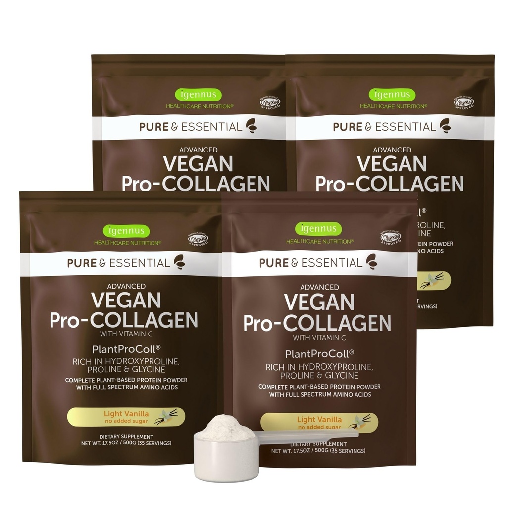 Igennus Advanced Vegan Vanilla Collagen Peptide Powder, mejorado con Glycine, Proline " Hydroxyproline " Cofactor Vitamin C, Non GMO, Vegetarian Plant Based Collagen Powder Booster, 140 Servings