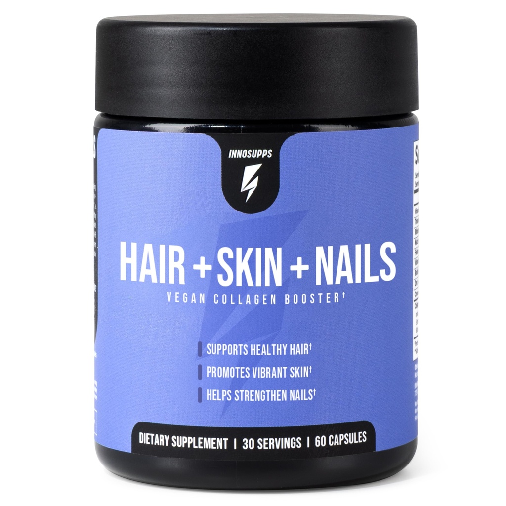 InnoSupps Hair + Skin + Nails Supplement | Vegan Collagen Booster | Biotin, B12, Horsetail Herb Powder | Stimulate Hair Growth, Revitalize Skin, Strengthen Nails | 60 Capsules