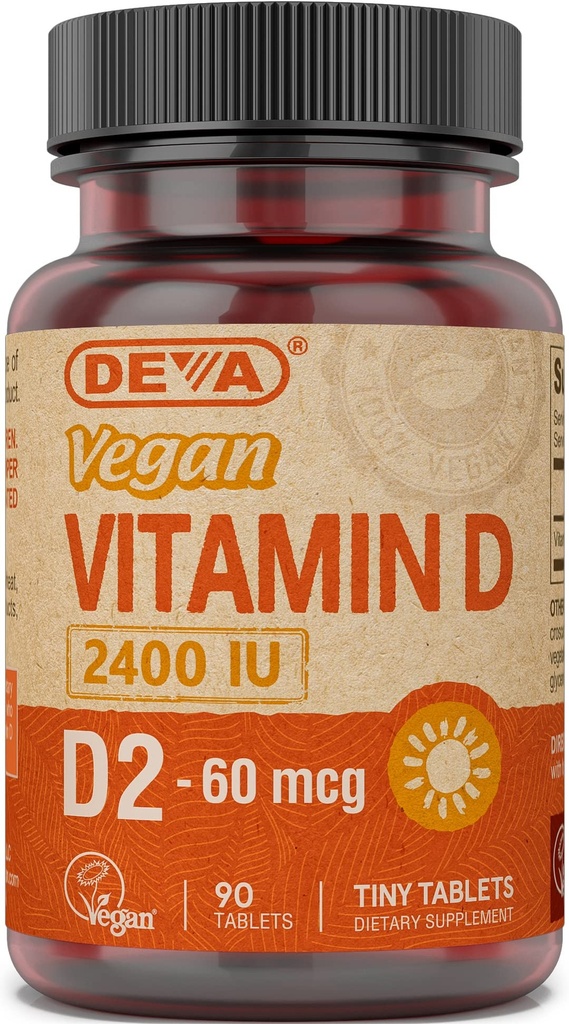 DEVA Vitamina Vegana D2 60 mcg 2400 UI, Suplemento Ergocalciferol sin ingredientes animales, 90 Tabletas, 1-Pack