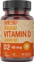 DEVA Vitamina Vegana D2 60 mcg 2400 UI, Suplemento Ergocalciferol sin ingredientes animales, 90 Tabletas, 1-Pack