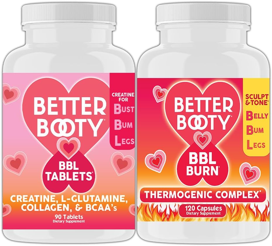 Suplementos Angry Better Booty Women's Creatine BBL Combo: BBL Tablets (90ct) w. Creatine, Glutamine, BCAA's, Collagen + BBL Burn Thermogenic Capsules (120ct)