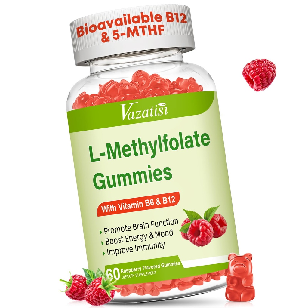 L-Methylfolate 15 mg Gummies with Methyl B12, Folate Supplement for Mood, Brain Health, Immune Support, Raspberry Flavor, 60 Conde