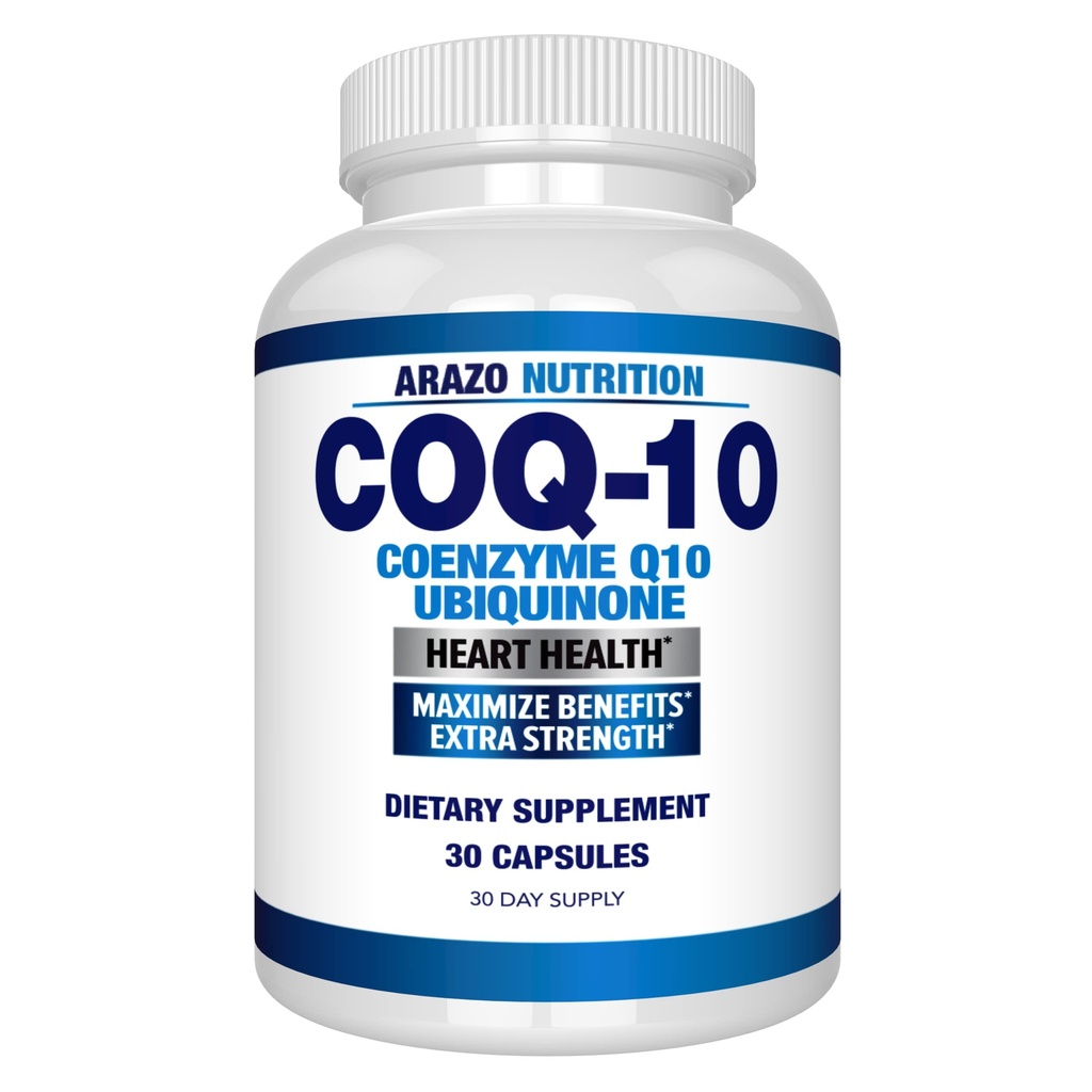 Arazo Nutrition CoQ10 Ubiquinone Coenzyme Q10-200mg Maximum Strength Nutritional Supplement - High Absorp Soy Capsules with No