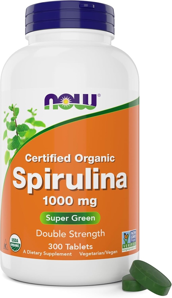AHORA Alimentos Ecológico Spirulina 1000mg Tablas - 300 Cuenta - No GMO, Super Verde Suplemento Alimentario - Doble fuerza 1000 mg - Naturalmente Occurring Beta-Caroteno (VIT A), B-12 y GLA