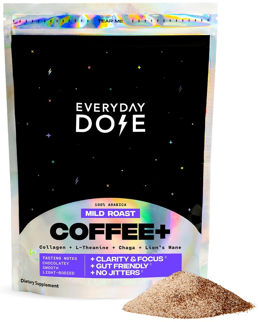 Cada día Dose Premium Adaptogenic Mushroom Coffee con Grass-Fed Collagen, Chaga, Lions Mane & L-Theanine for Better Focus, Energy, Digestion, Skin, and Immunity 30 Servings