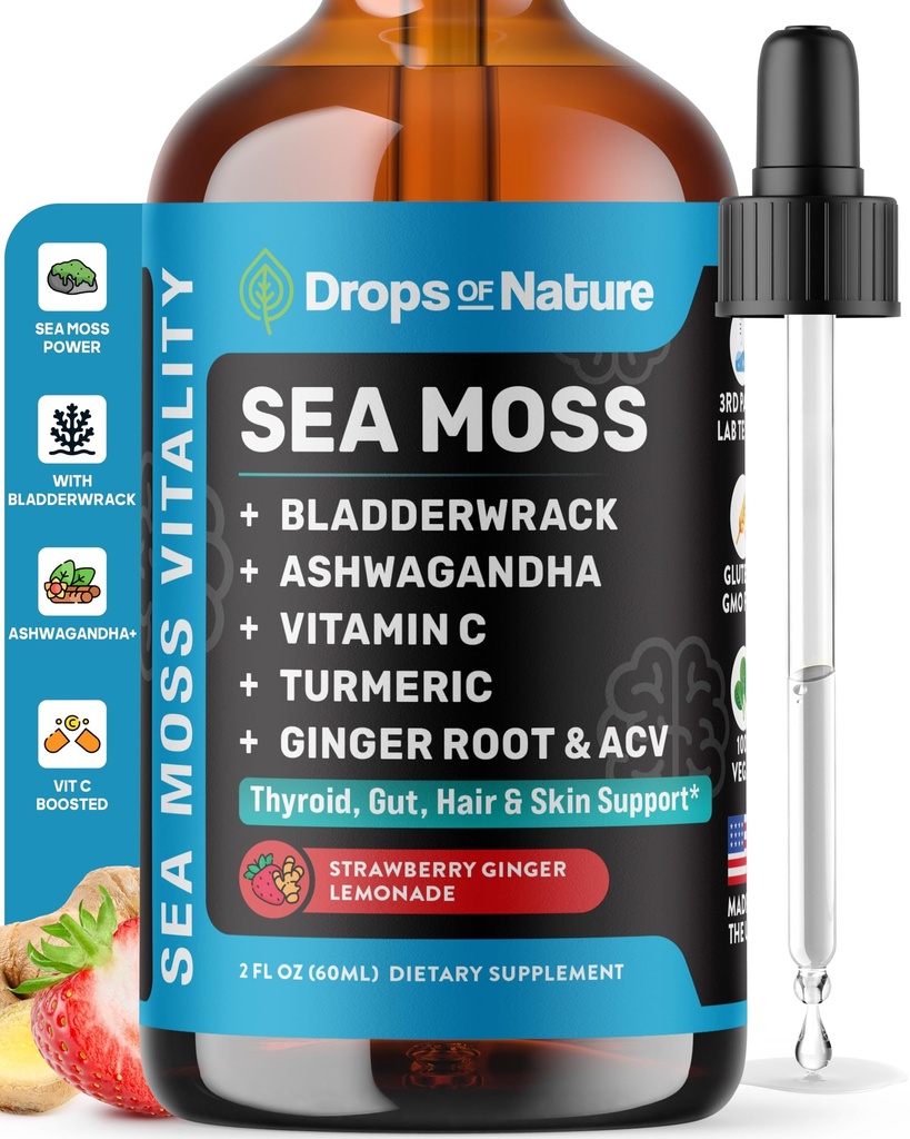 Ashwagandha & Turmeric Liquid Drops - Vitamina C, Sea Moss, Apple Cider Vinegar, Bladderwrack - Vegan Liquid Drops for Comprehensive Wellness Support & Vital Immunity (Strawberry Ginger Lemonade, 60mL)