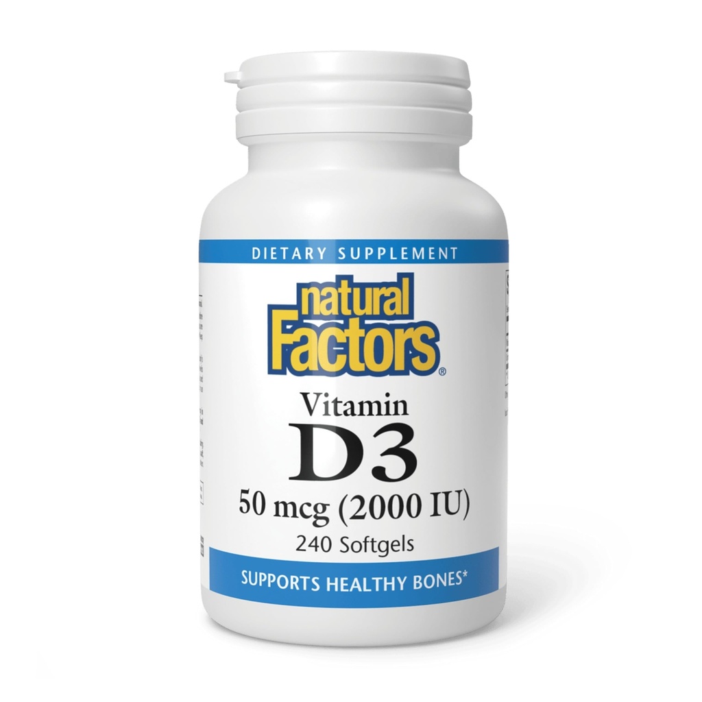 Factores naturales - Vitamina D3 2000 UI, soporta huesos saludables, 240 geles blandos