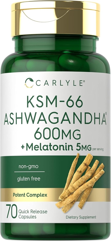 Carlyle KSM-66 Ashwagandha Capsules 600mg Silencio 70 Conde Silencio con Melatonin 5mg ← Complejo de Potente Silencio No GMO, Gluten Free