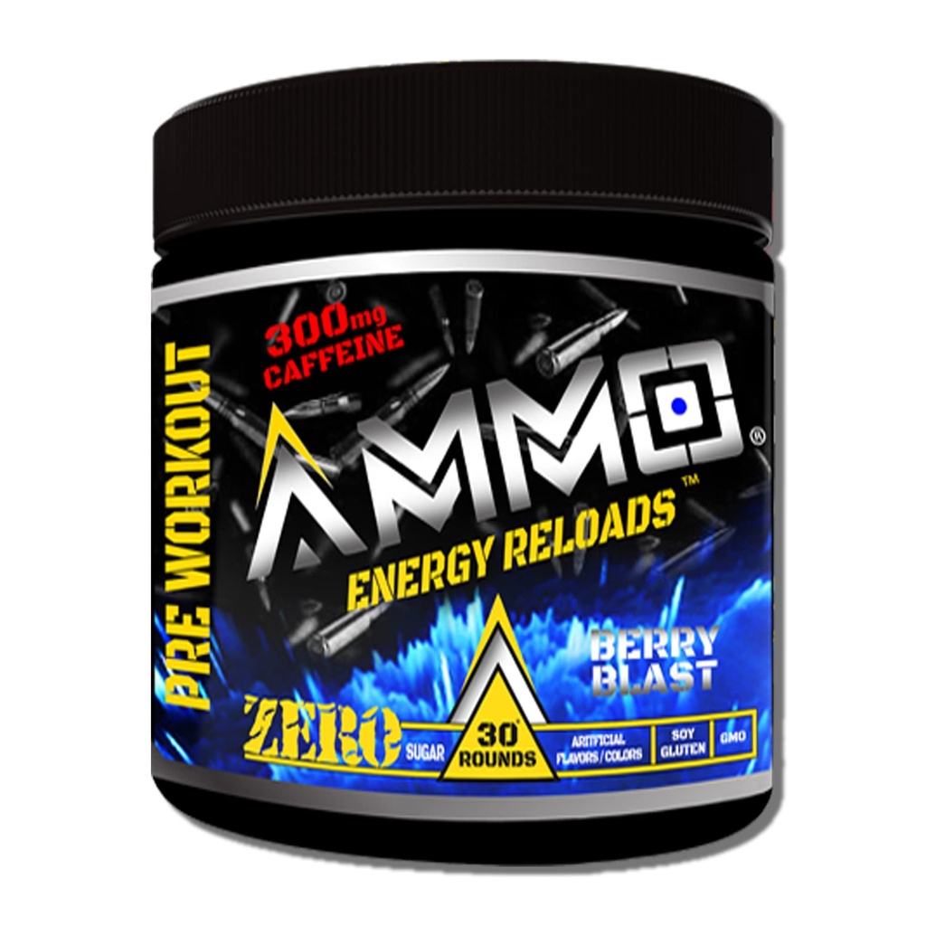AMMO ® Energy ReloadsTM Pre Workout Powder - 300 mg Caffeine Zero Sugar Vital Aminos y Electrolitos Sin Sabores o Colores Artificiales (Berry Blast)