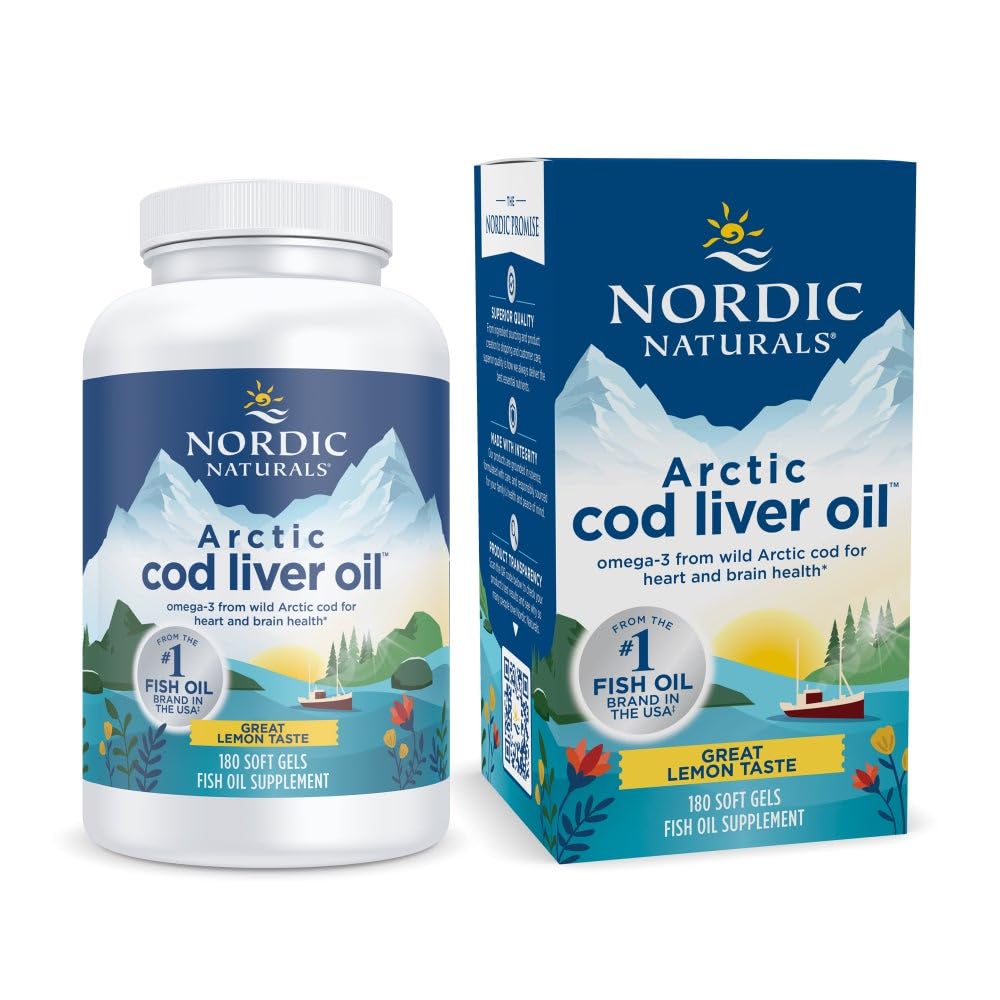 Naturales nórdicos Aceite de hígado de bacalao, limón - 180 geles blandos - 750 mg Total Omega-3 con EPA &amp; DHA - Corazón &amp; Salud cerebral, Inmunidad saludable, Bienestar general - No GMO - 60 Actuaciones