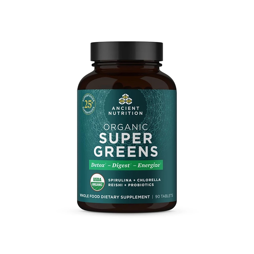 Nutrición antigua Super Verdes con Probióticos, Tabletas de Superalimentos Orgánicos Hecho de Spirulina, Clorella, Moringa y un Probiótico Resiliente, 30 Servimientos, 90 Cuenta