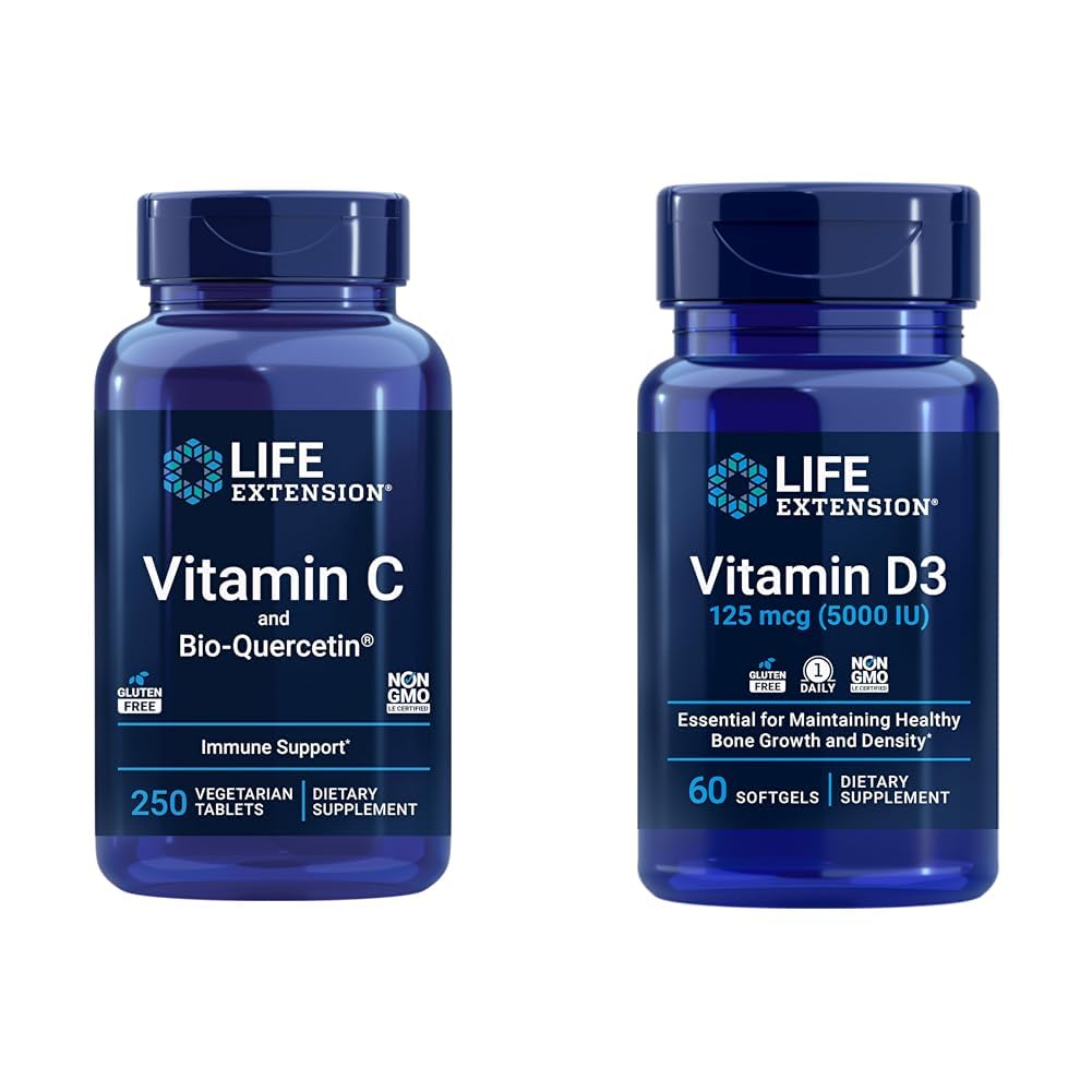 Extensión de la vida Vitamina C &amp; Quercetina Plus Vitamina D3 5000 UI - 250 Tabletas Vitamina C Immune Support Plus 60 Vitamina D3 Softgels for Bone, Brain &amp; Immune Health