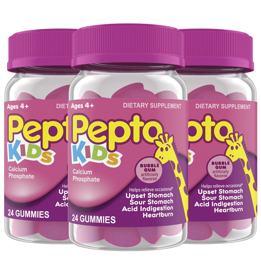 Pepto Kids Gummies, Helps Relieve Occasional Upset Stomach, Acid Indigestion, Sour Stomach y Heartburn, 72 Total (3 Packs de 24)