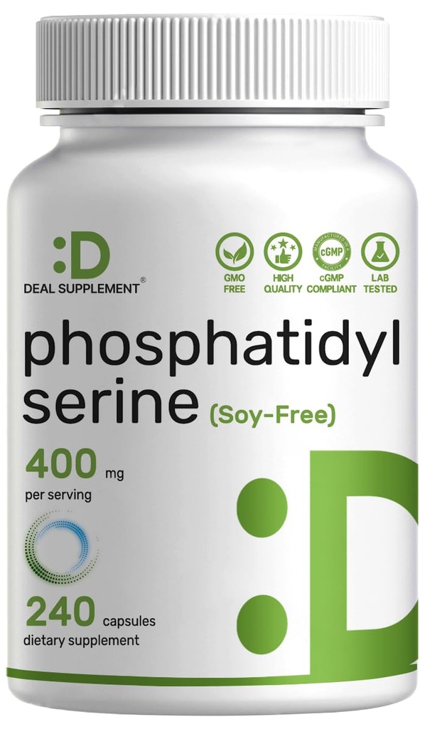 Suplemento de fosfatilserina, 400 mg de servicio, 240 cápsulas – Fuente de Lecitina de girasol libre de soja