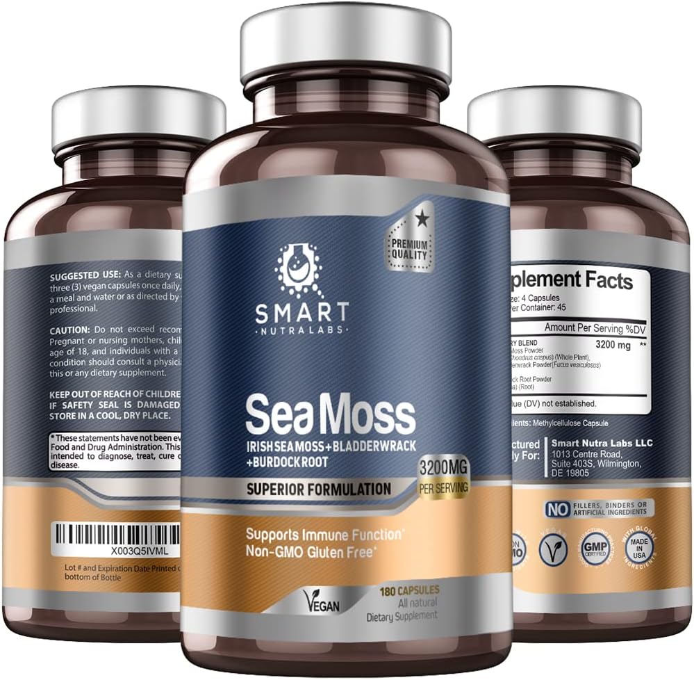 Smart Nutra Labs Organic Sea Moss 3200MG Por Serving- 180 Vegan Capsules- Irish Sea Moss, Bladderwrack y Burdock Root- Premium Quality Supplement for Immune Support and Global Health