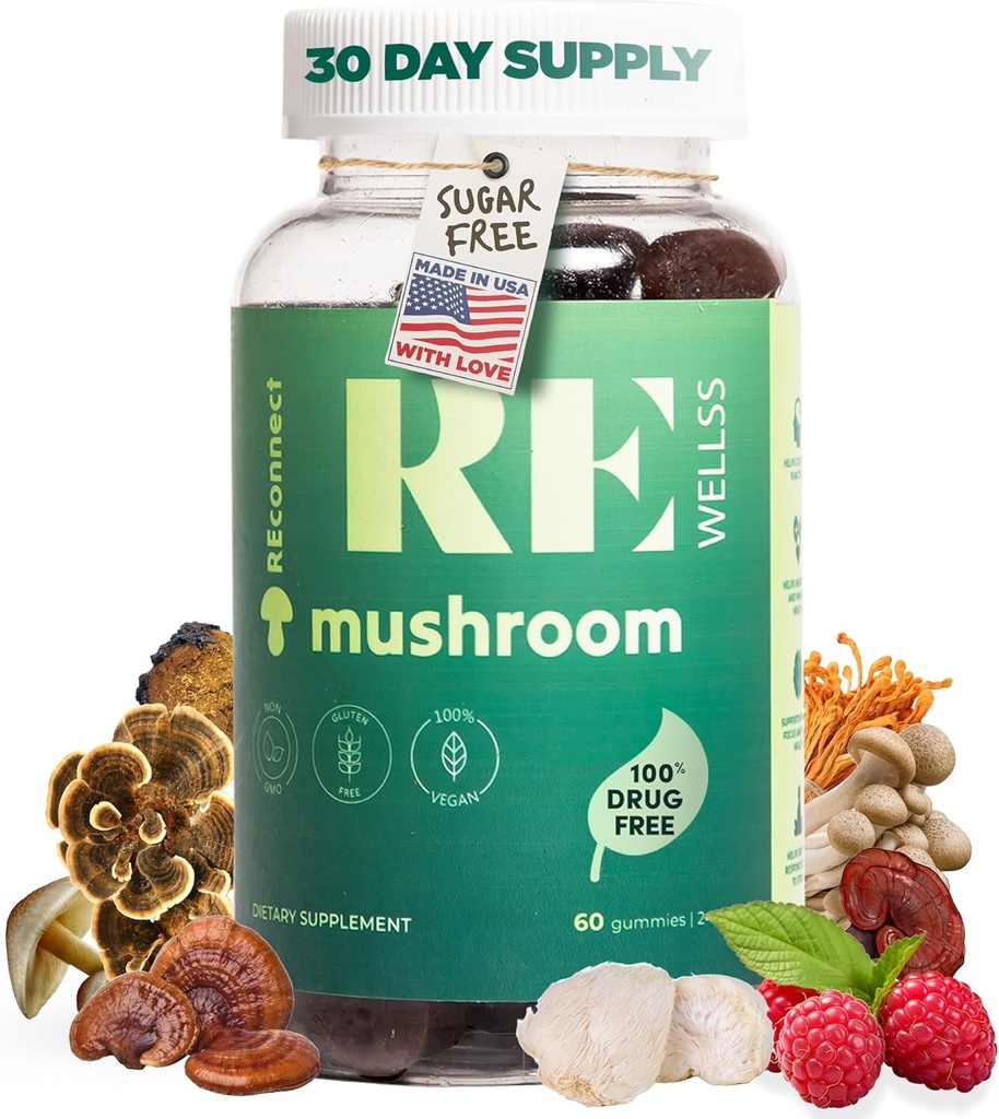 Super Mushroom Gummies I Azúcar orgánico libre Daily I Chaga Cordyceps Lions Mane Maitake Shiitake Turquía Tail Reishi ¦ Suplementos para Cognitive & Immune Support Focus Energy Stress Mood