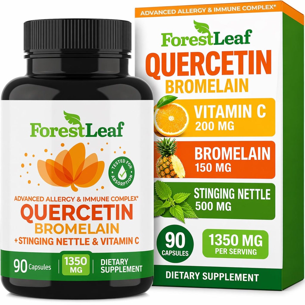 ForestLeaf Quercetina con Bromelain 1350mg - Blend with Vitamin C &amp; Stinging Nettle Suplemento, Quercetina 500mg cápsulas, Gluten sin gluten, Natural Immune &amp; Respiratory Función, 90 cápsulas vegetarianas