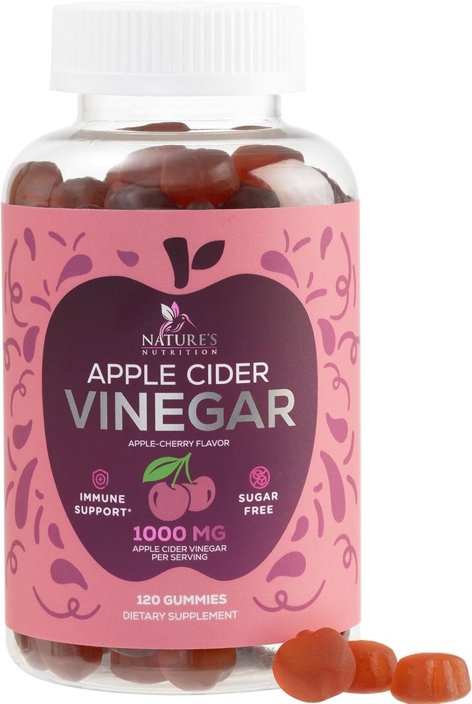 Vegan Manzana Vinagre Gummy 1000mg - Azúcar libre ACV Gummies Vitaminas Suplemento con Vitamina B12 para Energía - Apoyo Digestión, Detox y Cleanse - Gelatin-Free, No GMO - 120 Gummies