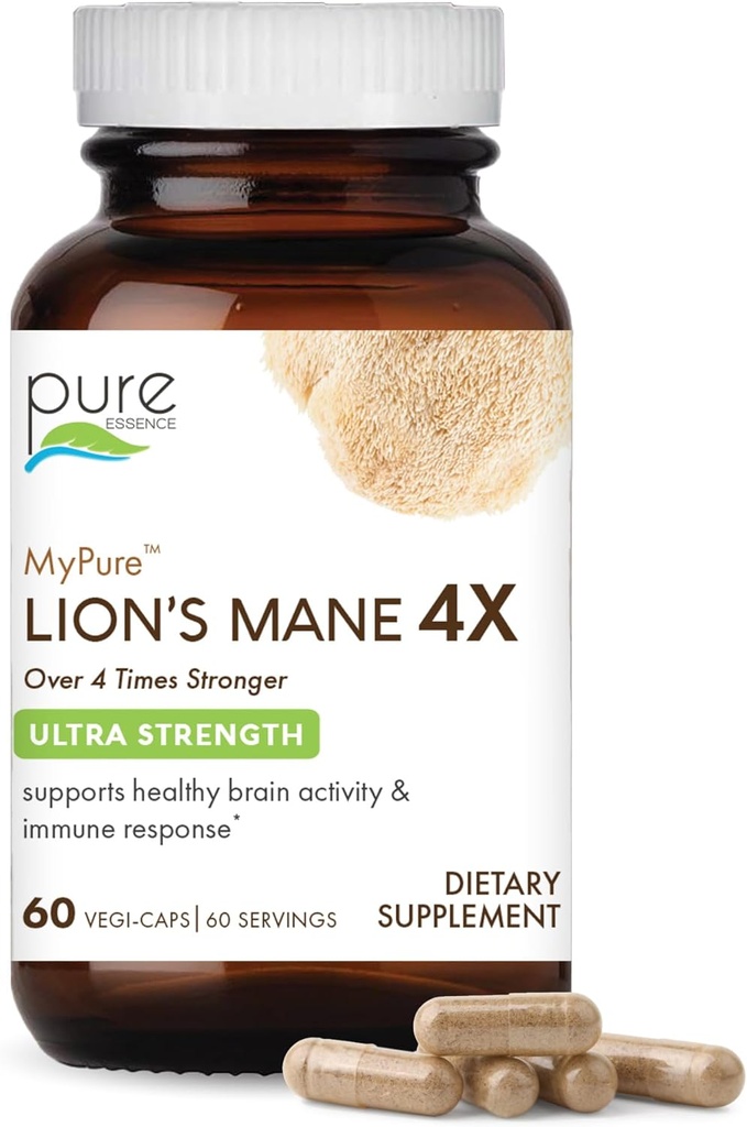PURE ESSENCE LABS MyPure Lion's Mane 4X - Ultra Strength Brain Support Suplemento con 6:1 Hot Water Extract > 10:1 Extract for Cognitive Health, Focus, Memory & Mental Clarity, 60 cápsulas