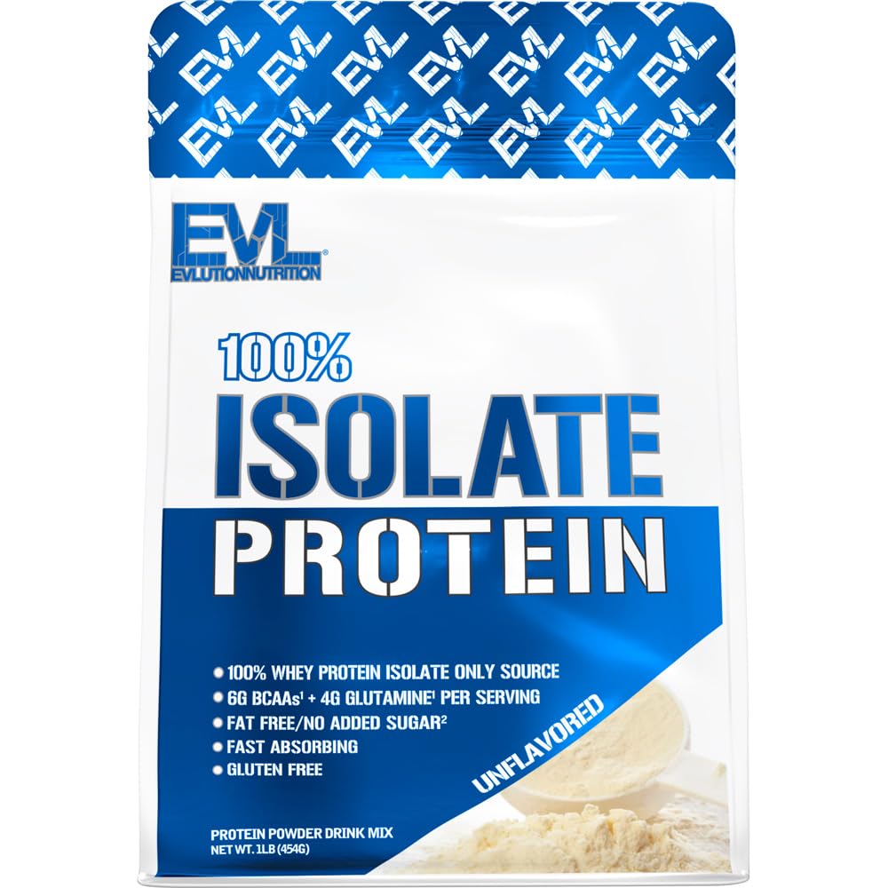 Evlution Nutrition 100% Isolate, Whey Isolate Protein Powder, 25 G de Proteína de Absorbing Rápido, No Sugar Añadido, Low-Carb, Gluten-Free (Unflavored, 1 LB)