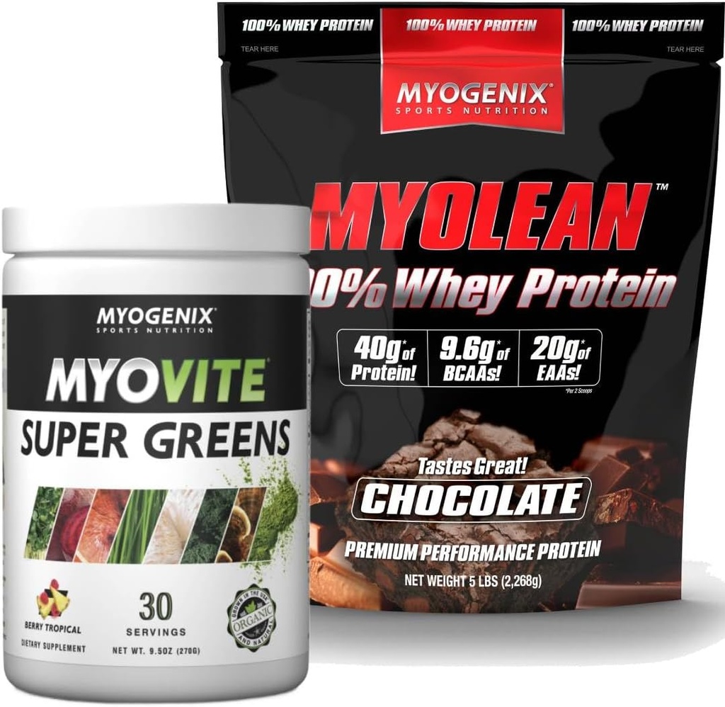 Myogenix Myovite Supergreens Powder & Myolean Chocolate Whey Protein Bundle – Digestión, inmunidad &amp; 40g High-Protein Whey – Apoyo Gut Health, Crecimiento muscular &amp; Recuperación