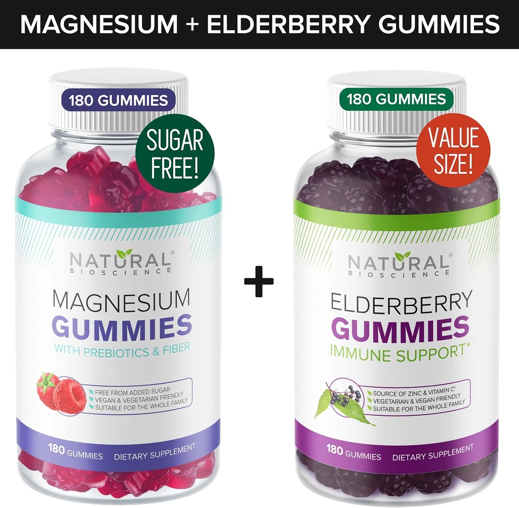Gummies de Magnesio Libre de Azúcar (180 Gummies) y Gummies de Elderberry (180 Gummies)