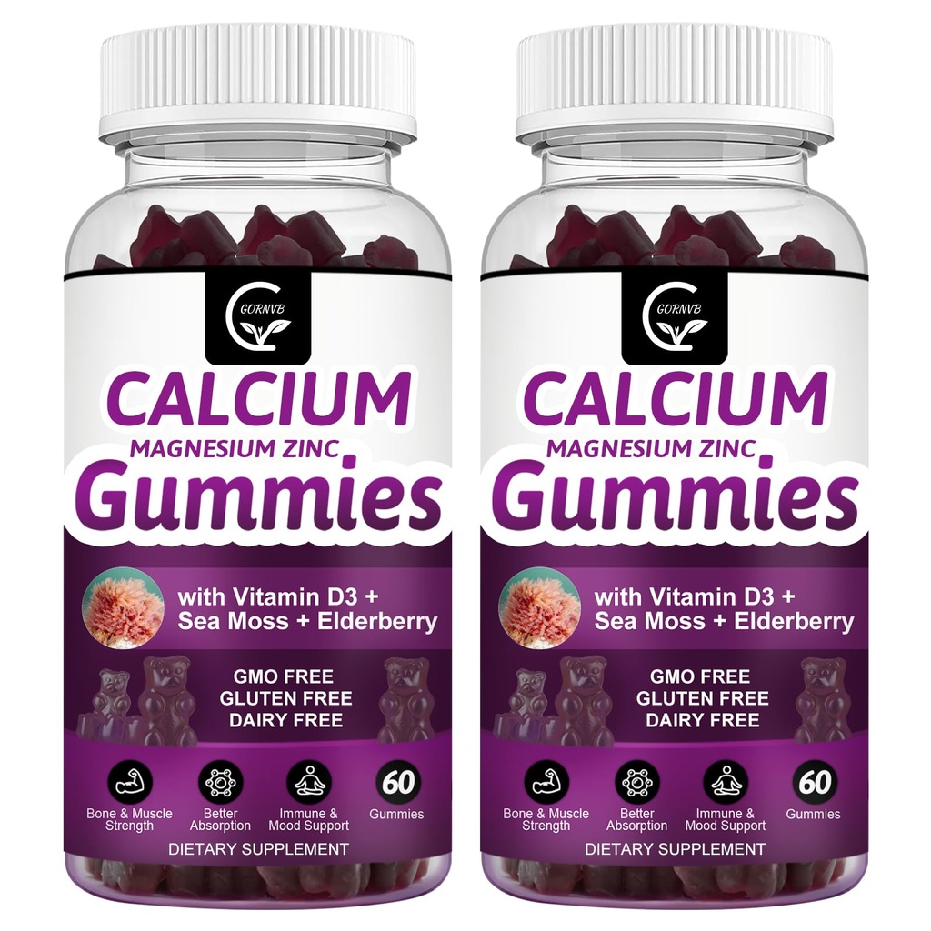 Calcio Magnesio Zinc Gummies with High Absorption Magnesium Glycinate Potassium - Complejo de Plantas Magnesio de Calcio 2:1 Ratio, con D3 Moss para Hueso, Musculos, Immune & Sleep Support, Vegan-2 Pack