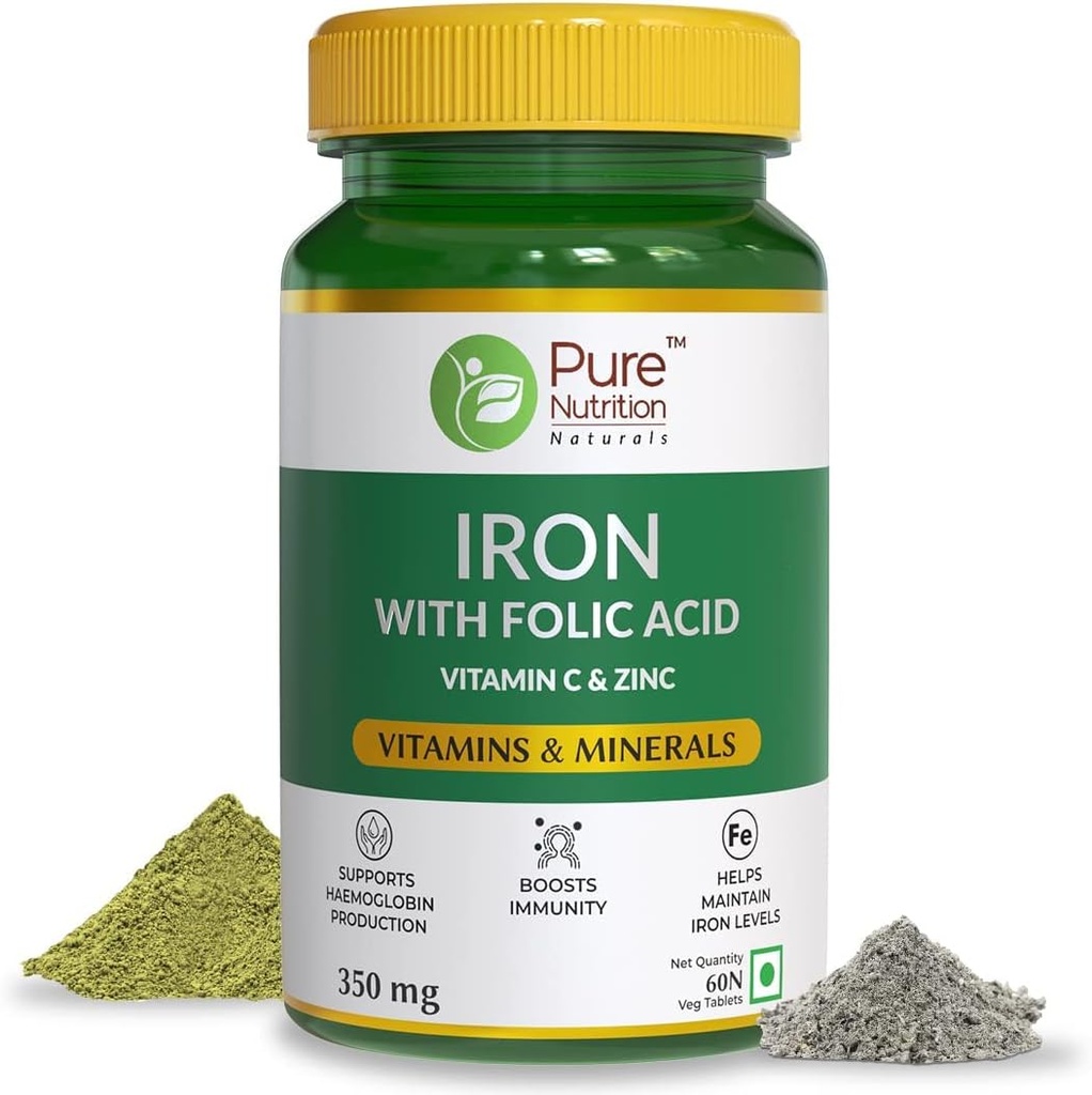 Iron Folic Acid Suplemento - 60 Veg Tablets with Zinc, Vitamina C &amp; Vitamina B12 para Hombres &amp; Mujeres Silencioso Apoyo Haemoglobin Production, Boosts Immunity & Maintains Iron Level