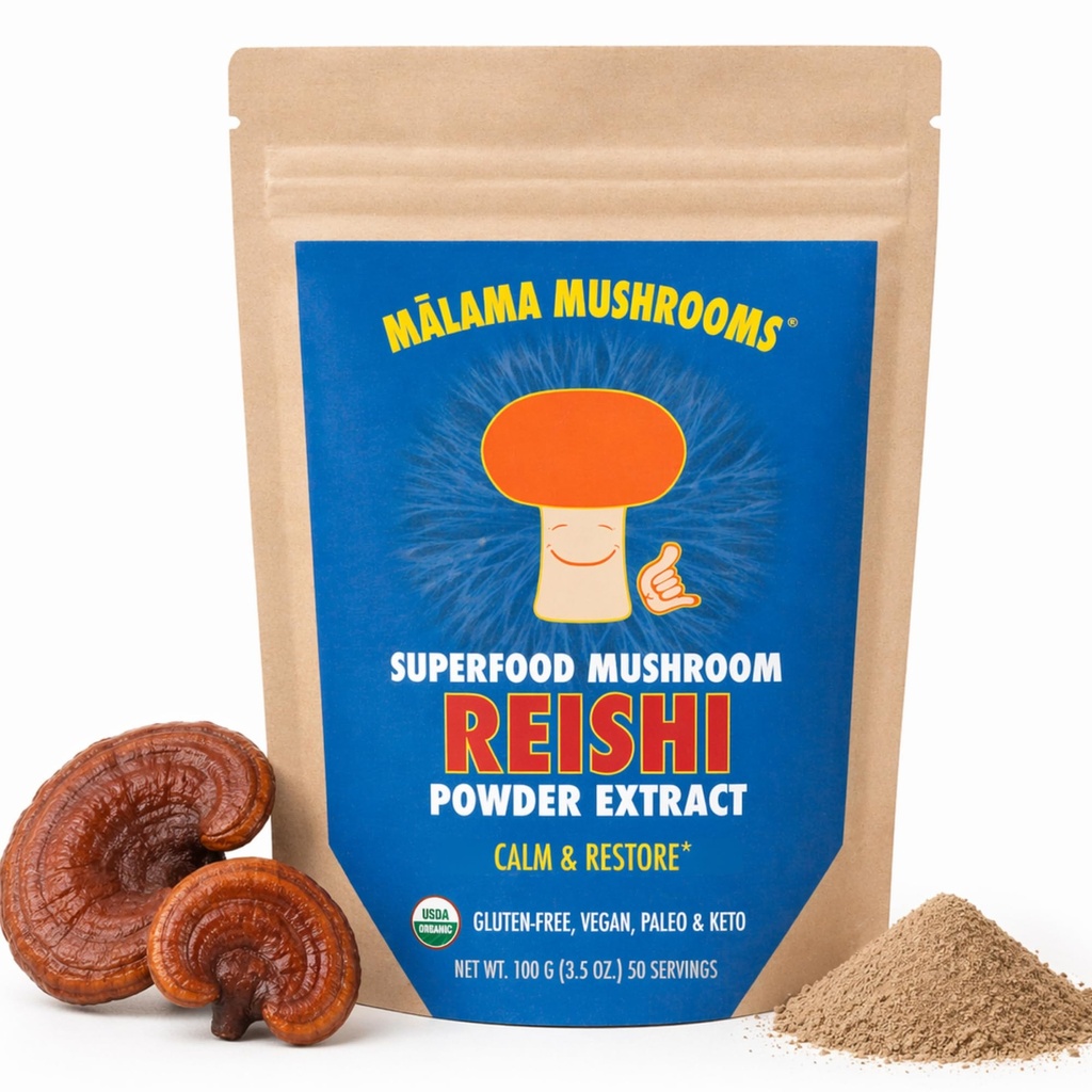 Malama Orgánica Reishi Mushroom Powder, Pure Fruiting Body Extract, Adaptogenic Superfood for Immune Support and Wellness, 100 Servings