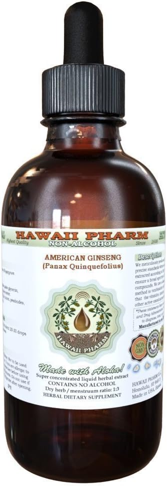 American Ginseng Alcohol-Free Liquid Extract, Ginseng (Panax Quinquefolius) Dried Root Glycerite Hawaii Pharm Natural Herbal Suplemento 4 oz