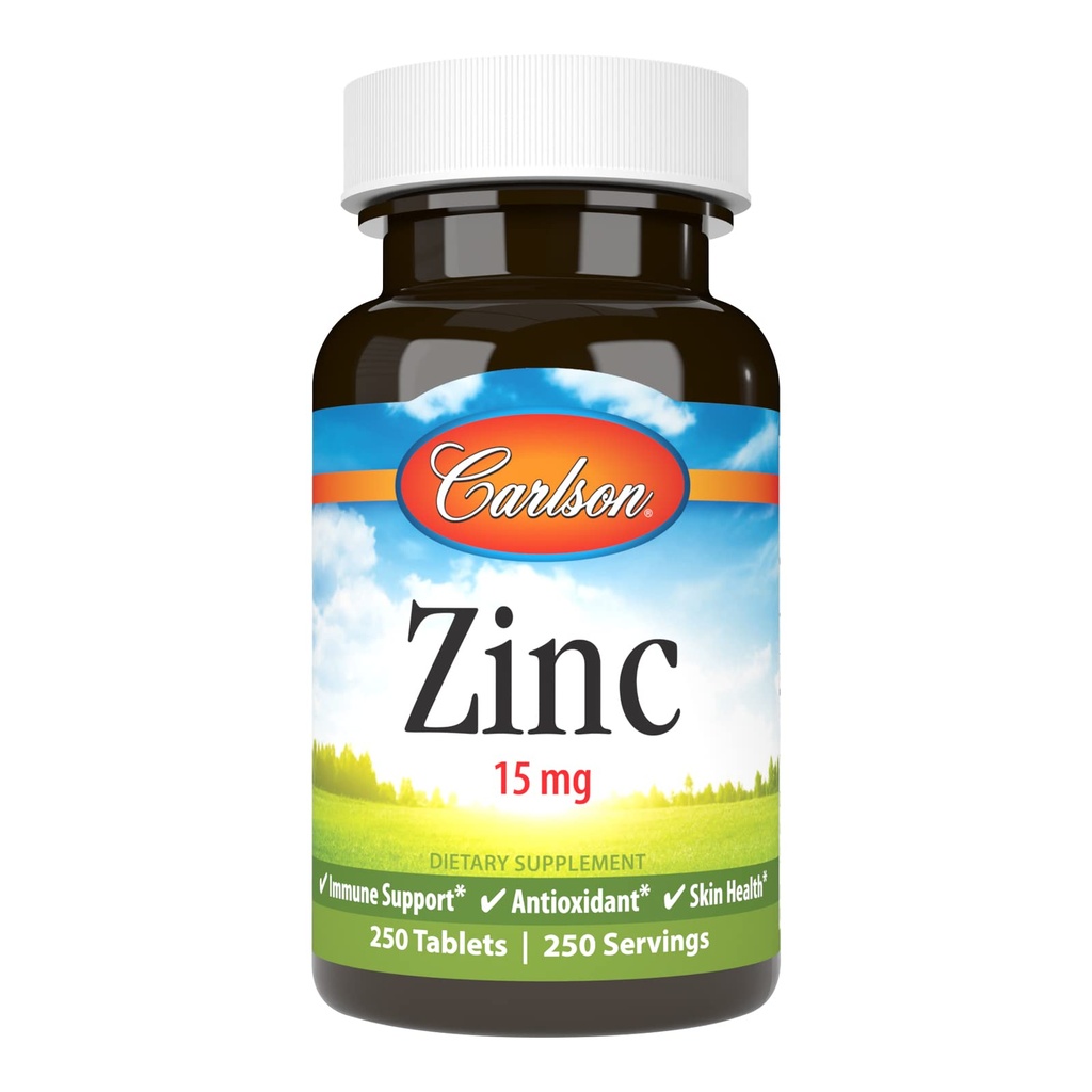 Carlson - Zinc, 15 mg, Zinc Suplemento, Zinc Gluconate, Immune Support &amp; Skin Health, Zinc Tablets, Antioxidante, Zinc Capsules, 250 Tablets