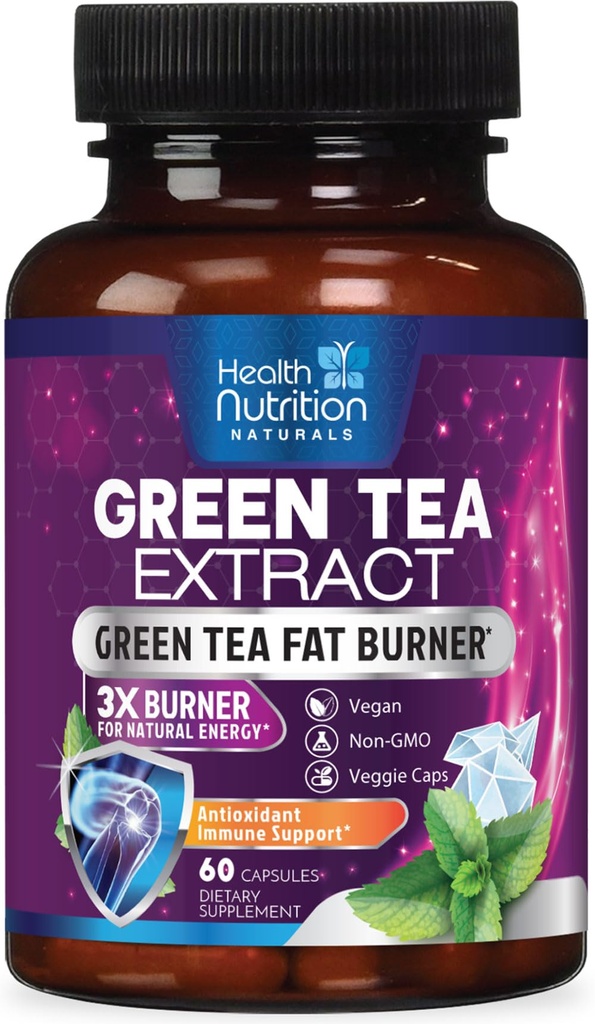 Té verde cápsulas de extracción - Standardizado 45% EGCG & 98% Polyphenols - 3X Strength Green Tea Natural Energy, Herbal Suplemento con Heart &amp; Antioxidant Health Support, Bottled in USA - 60 cápsulas