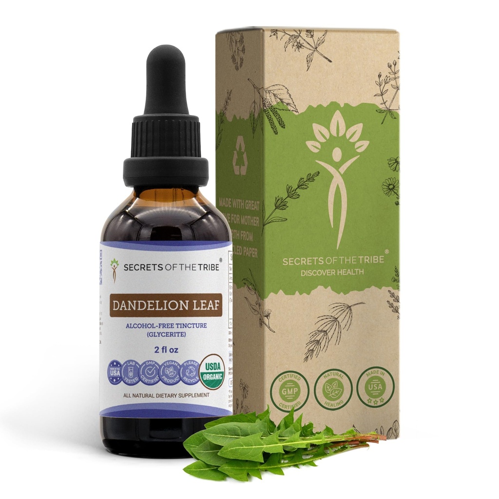 Secrets of the Tribe Dandelion Leaf USDA Orgánica ← Extract libre de alcohol, gotas herbales de alta potencia, sistema digestivo  Made from 100% Certified Organic Taraxacum Officinale Dried Leaf 2 oz